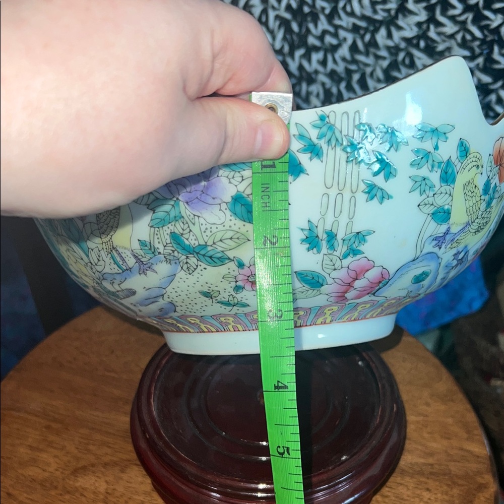 Vintage Chinese Satsuma Bowl Birds Of Paradise with Wood Stand - Picture 14 of 14